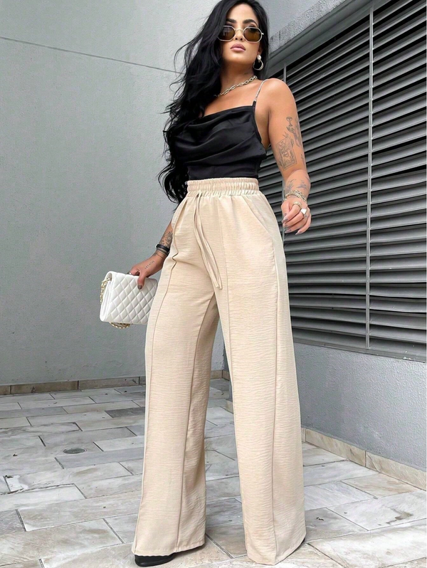 Kit 3 Calças Feminina Pantalona Duna Cintura Elástica Com Bolso Cintura Alta -Bege,Preta, Vermelha.